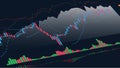 Stock market data candlesticks are indicators of the rising stocks on the background of high-tech technology finance. technology Royalty Free Stock Photo