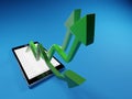 Stock market gains using a mobile device. Green arrows rising from a smartphone. Concept background digital 3D render. Royalty Free Stock Photo