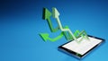 Stock market gains using a mobile device. Green arrows rising from a smartphone. Concept background digital 3D render. Royalty Free Stock Photo