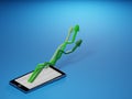 Stock market gains using a mobile device. Green arrows rising from a smartphone. Concept background digital 3D render. Royalty Free Stock Photo