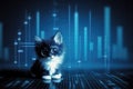 Stock market graph charts and little cute kitten in glasses. Ai