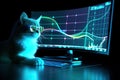 Stock market graph charts on monitor and cat in glasses. Ai