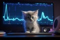 Stock market graph on screen of computer and beautiful kitten