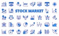 Stock market icons in line design, blue. Business, stock exchange, analysis, investment, bull, bear, candlestick Royalty Free Stock Photo