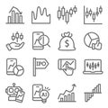 Stock Market icons set vector illustration. Contains such icon as Candle Graph, AI, IPO, Investment and more. Expanded Stroke Royalty Free Stock Photo