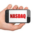 Stock market indexes concept: Hand Holding Smartphone with NASDAQ on display