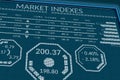 Stock market indexes or forex trade data on pixels screen. Perspective view of display monitor or information table with graphs,