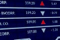 Stock market indexes or forex trade data on pixels screen. Perspective view of display monitor or information table with graphs,