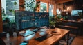 Stock market trader analyzing charts on multiple monitors at home office desk