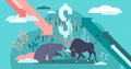 Stock market vector illustration. Financial fight in tiny persons concept.