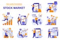 Stock market web concept with people scenes set in flat style. Bundle of analyzing market data, stock trading, buying and selling Royalty Free Stock Photo