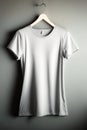 Stock photo of a blank light gray female fitted t-shirt blank, hanging on a hanger