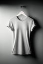 Stock photo of a blank light gray female fitted t-shirt blank, hanging on a hanger