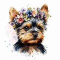 Flower Power: Yorkshire Terrier Puppy with Floral Crown AI Generated