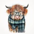 Cute Highland Cow in Stylish Accessories: Scarf and Glasses generative ai