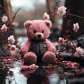 Rainy Solitude: Melancholic Teddy Bear Amidst Cherry Blossoms. Generative Ai