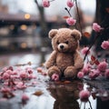 Rainy Solitude: Melancholic Teddy Bear Amidst Cherry Blossoms. Generative Ai