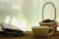 Stock Photo - Cup of coffee and newspaper on wooden table Royalty Free Stock Photo