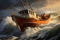 Stock Photo 3D rendering of a vintage fishing boat facing rough seas