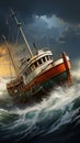 Stock Photo 3D rendering of a vintage fishing boat facing rough seas