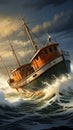 Stock Photo 3D rendering of a vintage fishing boat facing rough seas