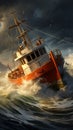 Stock Photo 3D rendering of a vintage fishing boat facing rough seas