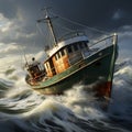 Stock Photo 3D rendering of a vintage fishing boat facing rough seas