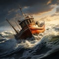 Stock Photo 3D rendering of a vintage fishing boat facing rough seas