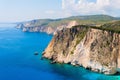 Stock photo depicts an aerial view of the Zakynthos coastline featuring a picturesque clifftop