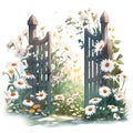 Nature\'s Artistry: A Handpainted Wooden Gate with Delicate Daisy Flowers\