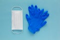 Stock photo of a face mask and a pair of medical gloves on a blue textured background. Protection against coronavirus