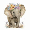 Floral Crown Cutie: Baby Elephant Watercolor, Isolated on White background - Generative AI
