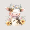 Cute Cow smile watercolor with flower - Generative AI Royalty Free Stock Photo