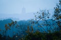 the fog covering a landscape with an asian shrine in the background