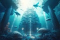 Futuristic Underwater Cityscape with Mermaids and Glowing Lights, generative ai
