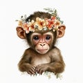 Floral Crown Cutie: Baby Monkey Watercolor, Isolated on White background - Generative AI