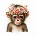 Boho Cute Baby Monkey: Adorable Watercolor with Florals, Isolated on White background - Generative AI