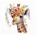 Baby Giraffe Surrounded by Bright Boho Bloom, Watercolor, Isolated on White background - Generative AI