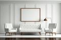 Mid Century White Room, One Vintage Large White Sofa and Armchairs, Three Wooden Blank Photo Frame Mockup - Generative AI