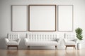 Mid Century White Room, One Vintage Large White Sofa and Armchairs, Three Wooden Blank Photo Frame Mockup - Generative AI