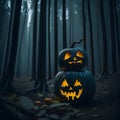 Spooky Halloween Pumpkins in a Dark Forest. Illustration. Royalty Free Stock Photo