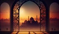 Islamic City View Through Mosque Window During Sunset. Created with generative AI technology.