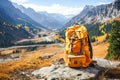 Stock photo featuring a hiking backpack against a nature background Royalty Free Stock Photo