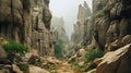 Misty Gothic Canyon: A Dark And Vertical Scenery With Sharp Boulders And Rocks