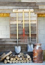 Stock Photo: image of garden tools hanging on side walls wooden.