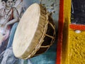 Stock photo of Indian musical instrument drum, it is also called as nagara or dholak. Nagara hanging on temple`s wall.