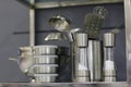 Stainless steel kitchenware kitchen objects blurry background Royalty Free Stock Photo