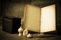 Stock Photo:old book open blank pages, empty yellow paper on da Royalty Free Stock Photo