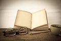 Stock Photo:old book open blank pages, empty yellow paper on da Royalty Free Stock Photo