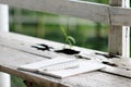 Stock photo :Open Notebook and white pen on old wooden backgrou Royalty Free Stock Photo